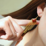 Natural South Red Chalcedony Tassel Earrings, Chinese Retro Court Unique Craft