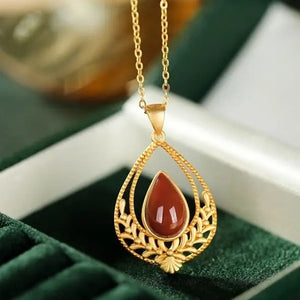 Natural South Red Chalcedony Water Drop Pendant Necklace