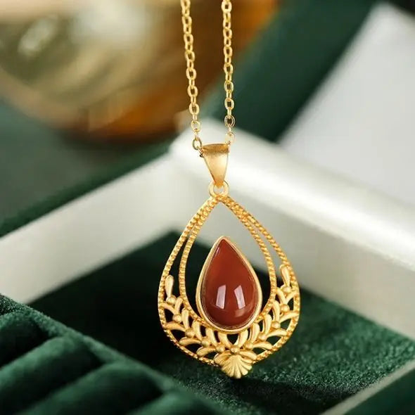 Natural South Red Chalcedony Water Drop Pendant Necklace