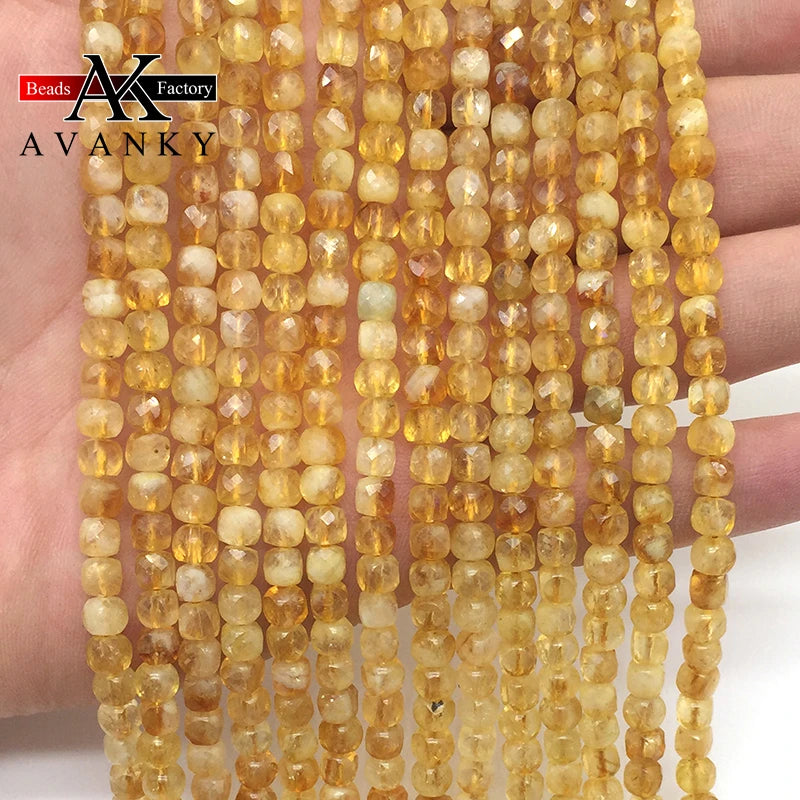 4mm Citrine Quartz Crystal Faceted Cube Beads for DIY Jewelry Making