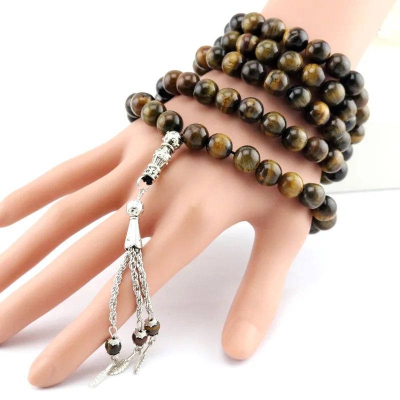8mm Tiger Eye Stone Tassel Pendant Islamic Rosary for Women Men