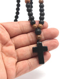 Obsidian & Wood Beads Men's Necklace with Cross Pendant