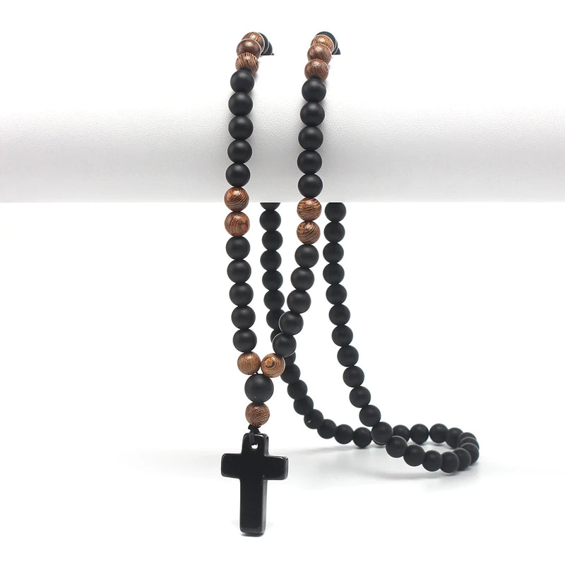 Obsidian & Wood Beads Men's Necklace with Cross Pendant