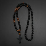Obsidian & Wood Beads Men's Necklace with Cross Pendant