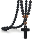 Obsidian & Wood Beads Men's Necklace with Cross Pendant