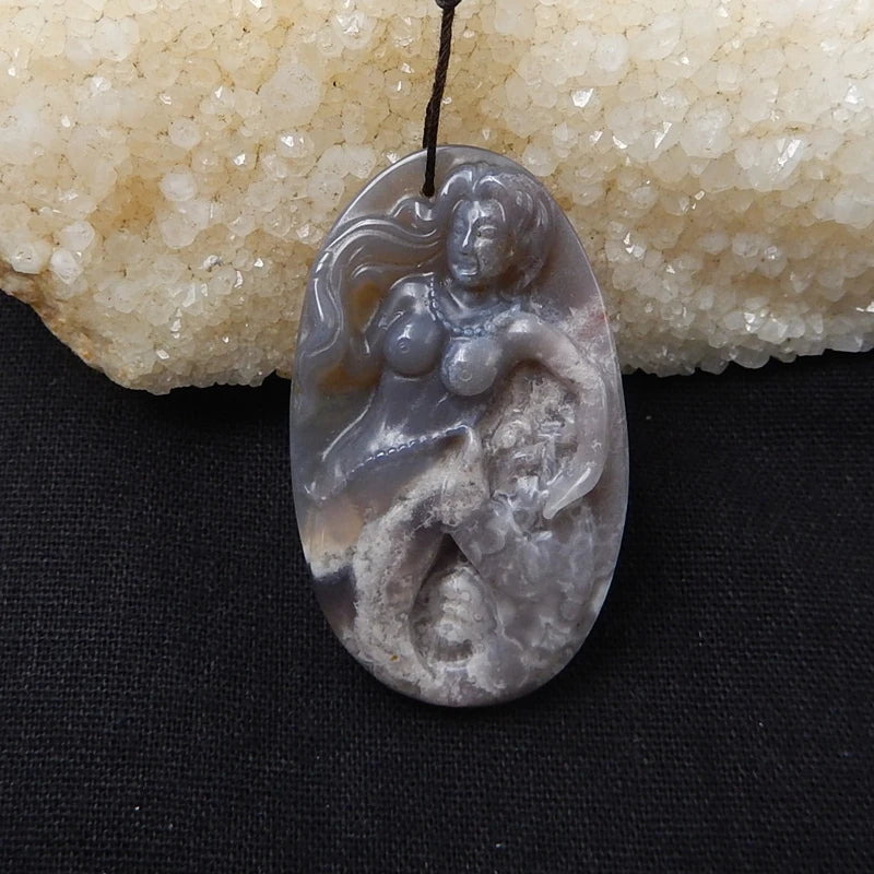 Natural Stone Agate Carved Mermaid Necklace Pendant 56x33x7mm