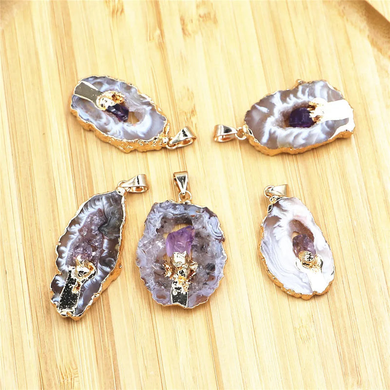 Agate Slice Pendant with Amethyst Inlay Quartz Jewelry