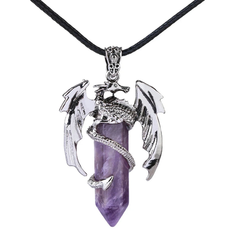 Amethyst Agate Reiki Healing Crystal Pendant Dragon Man Necklace Vintage
