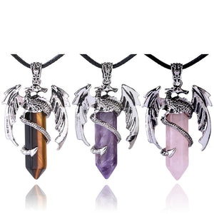 Amethyst Agate Reiki Healing Crystal Pendant Dragon Man Necklace Vintage