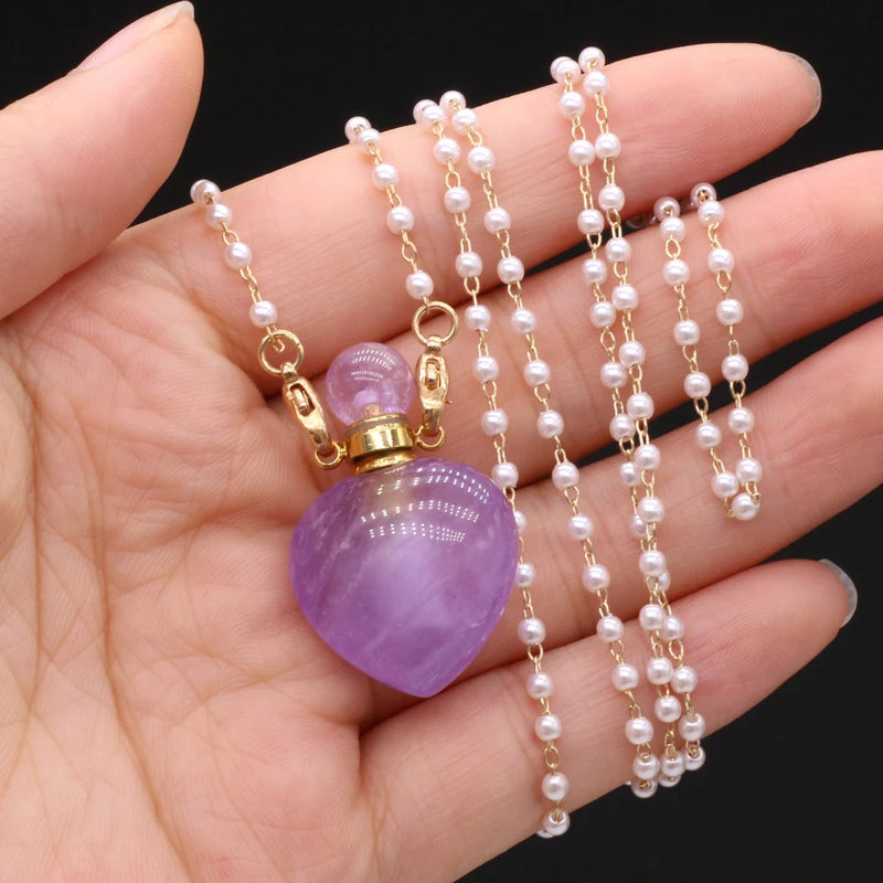 Natural Stone Amethyst Perfume Bottle Necklace Pearl Chain
