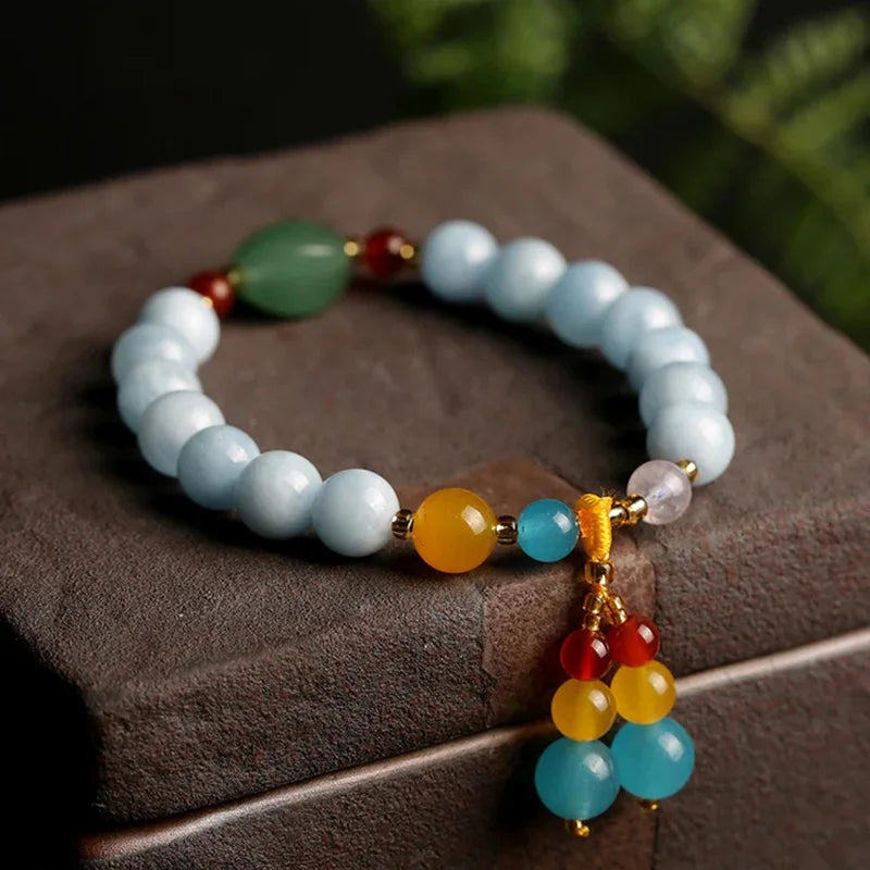 Natural Stone Aquamarine Chalcedony Bead Bracelets Women Charm Reiki Healing