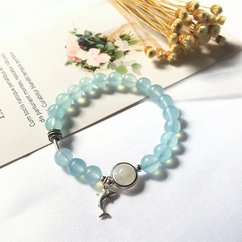 Aquamarine Crystal Bead 925 Silver Bracelet Women Charm Reiki Healing Bangle