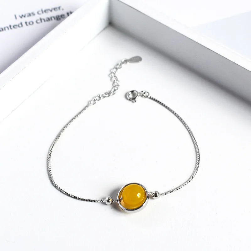 Natural Stone Ball Charm 925 Sterling Silver Bracelet