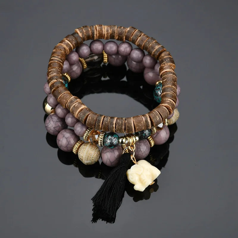 Women's Natural Stone Bracelet with Elephant Pendant - Tassel Charms Wristband
