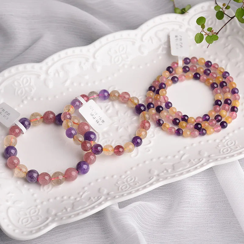 Multicolored Seven Strawberry Crystal Rutilated Quartz Amethyst Quartz Bracelet