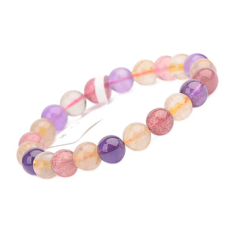 Multicolored Seven Strawberry Crystal Rutilated Quartz Amethyst Quartz Bracelet