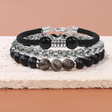 Stone Beaded Bracelet Set Stainless Steel Chain Tiger Eye Glass Bracelets Bangle