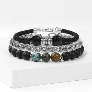 Stone Beaded Bracelet Set Stainless Steel Chain Tiger Eye Glass Bracelets Bangle
