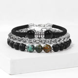 Stone Beaded Bracelet Set Stainless Steel Chain Tiger Eye Glass Bracelets Bangle