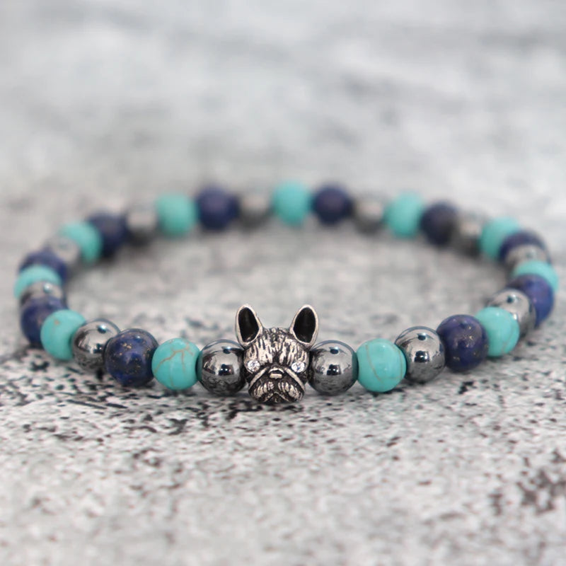 French Bulldog Tiger Eye Hematite Beaded Bracelet Gift
