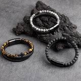Stone Beads Cross Bracelets Leather Braided Magnetic Clasp Bangle