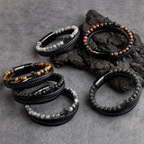 Stone Beads Cross Bracelets Leather Braided Magnetic Clasp Bangle