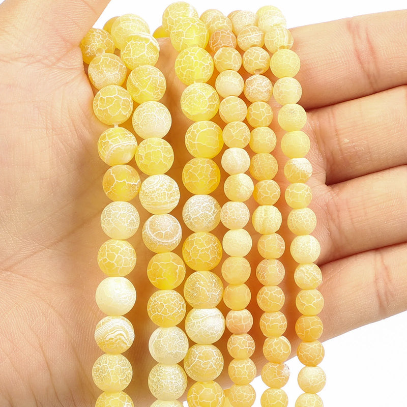 Yellow Frosted Crack Agate Round Loose Beads 4-12mm