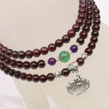 Wine Red Garnet Round Bead Bracelet with Tibetan Silver Pendant