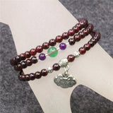 Wine Red Garnet Round Bead Bracelet with Tibetan Silver Pendant