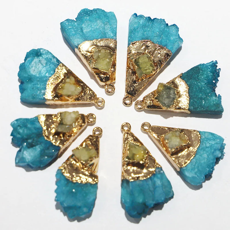 Agate Bruzy Plated Scalloped Necklace Pendant Metal Mineral Slice Charms 6Pcs