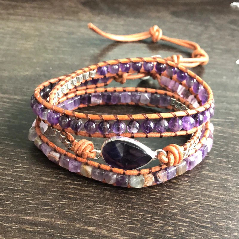 Bohe Amethyst Drop-Shaped Braided Beads Bracelet