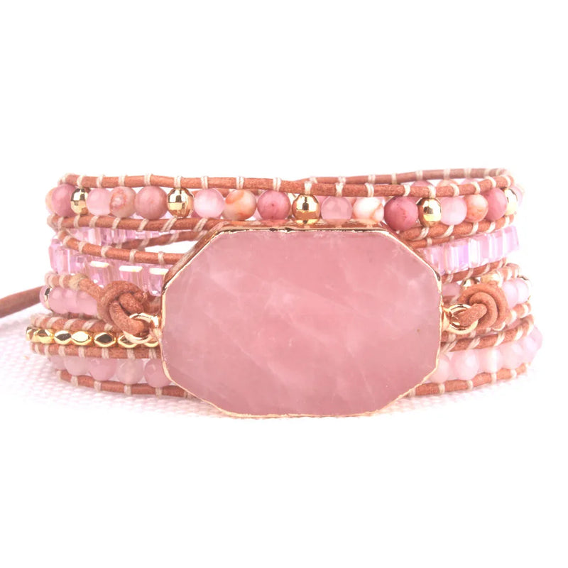 Pink Quartz 5X Wrap Boho Bracelet for Women
