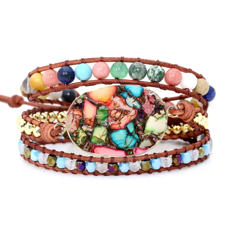 Boho 3-Strand Rhinestone Leather Bracelet for Women Men