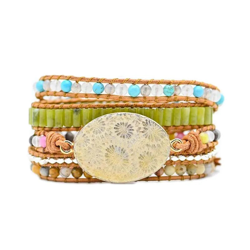 Natural Stone Bracelet Coral Jade Hand Woven Leather Bracelet Shoushan Stone
