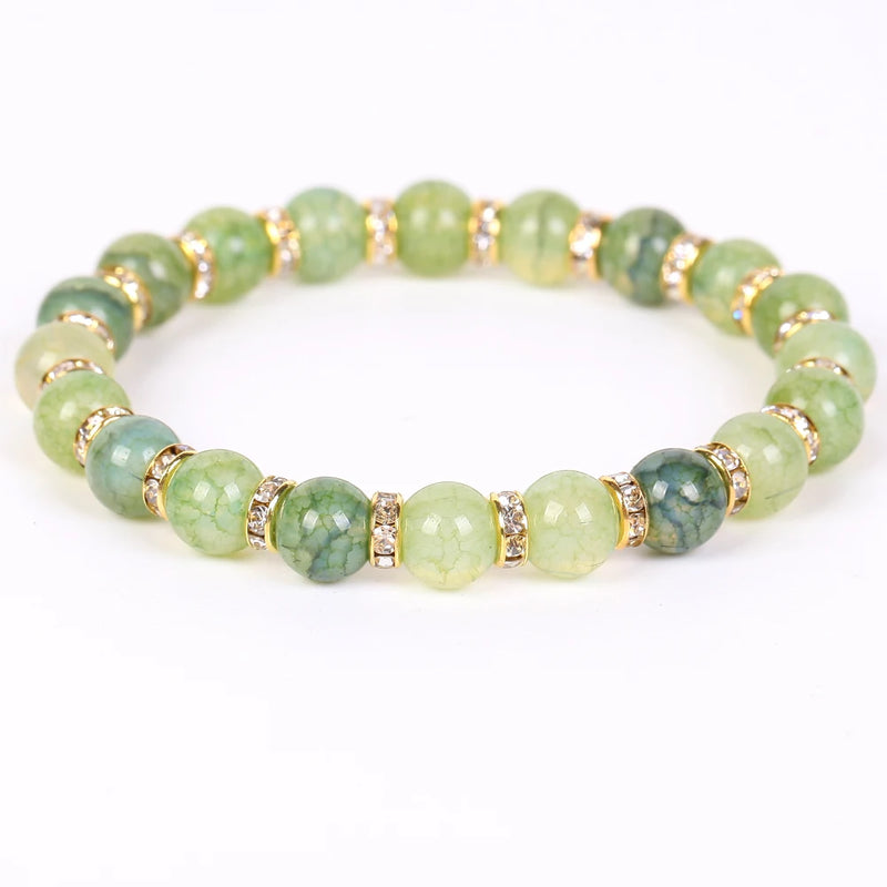 Cracked Agate Stone Bracelet with Rhinestone Rondelles - Elastic Rope