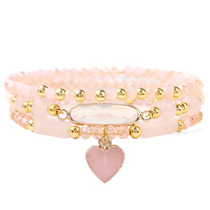 Rose Pink Quartzs Aventurine Crystal Heart Pendant Bracelet Set