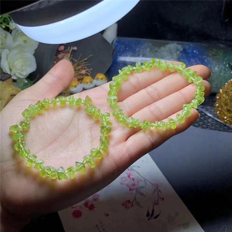 Natural Stone Olivine Beads Green Crystal Bracelet for Girls Ladies Jewelry