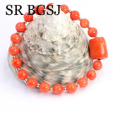 Orange Red Coral Beads Bracelet Health Protection Men Women 7-8inch