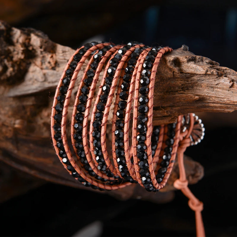 Natural Stone Charm 5 Strands Wrap Boho Leather Bracelet