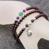 Red Garnet 3-Row 5mm Round Beads Bracelet with Tibetan Silver Pendant