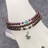 Red Garnet 3-Row 5mm Round Beads Bracelet with Tibetan Silver Pendant