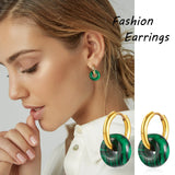 Natural Stone Circle Dangling Huggie Earrings, Women Interlinked Hoops
