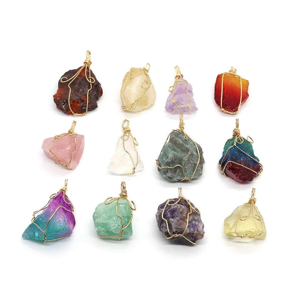 Natural Stone Crystal Irregular Pendant 20-60mm Wire Wrap Charm DIY Necklace