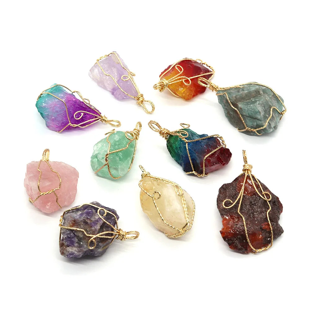 Natural Stone Crystal Irregular Pendant 20-60mm Wire Wrap Charm DIY Necklace