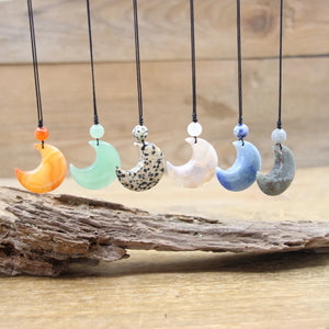 Natural Stone Crescent Moon Pendant Necklace