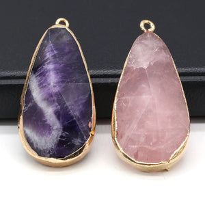 Natural Stone Crystal Pendant Drop Shape Amethysts Rose Pink Quartz Charms