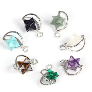Natural Stone Crystal Star Shape Rotatable Pendant Necklace