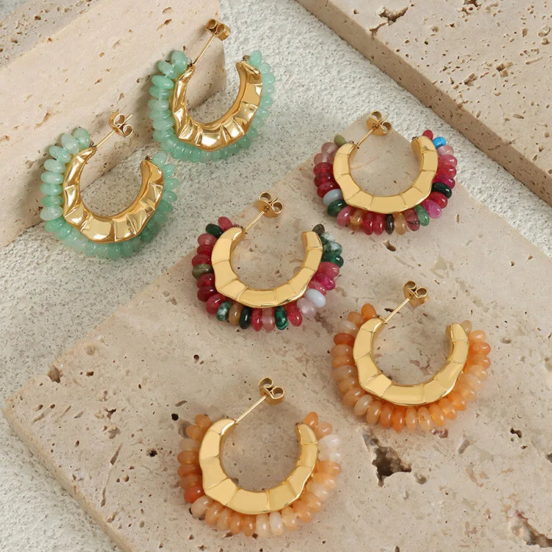 Stone Earrings Stainless Steel Hoop Vintage Jewelry Women