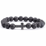 Stone Elastic Bracelet Micro Pave Cross Charm Women Men Rose Quartz Beads