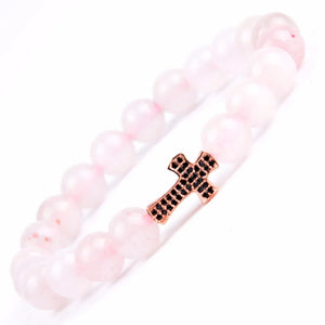Stone Elastic Bracelet Micro Pave Cross Charm Women Men Rose Quartz Beads